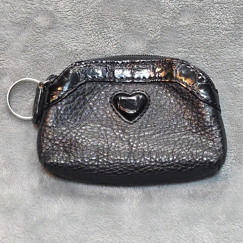 Vintage Brighton Change Coin Wallet Purse Black Leather Pebbled Heart‎